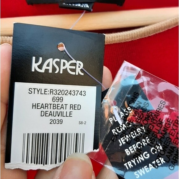 Kasper Stretchy Crop Sweater Knitted Top Red with Tan Accent 3/4 Sleeve Size M - Picture 5 of 13